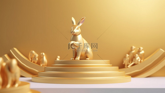 3D 渲染兔子优雅地欢迎两个空金色讲台的出现，上面有一个浮动的中国手卷轴