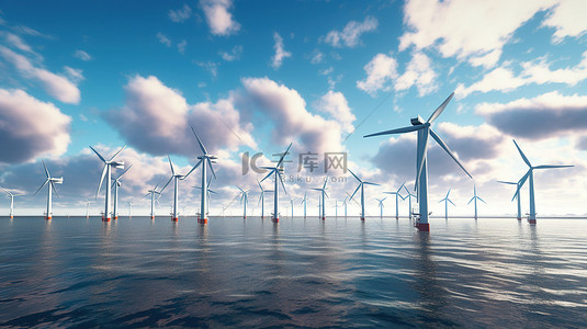 风车的背景图片_背景为宁静的部分多云天空的海上风电场的 3D 渲染