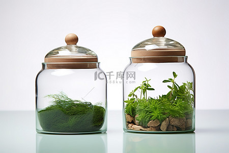 浴背景图片_两个透明玻璃罐，里面装有绿色和棕色粉末