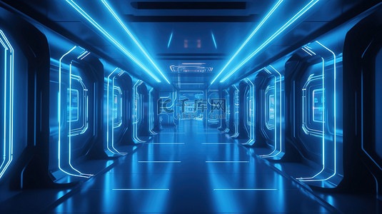 未来不再未来背景图片_蓝色霓虹灯发光未来派 3D 渲染抽象室内房间完美的设计项目