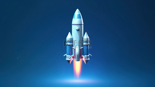 蓝色背景上飞行中的火箭图标的 3d 插图