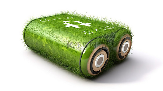 充电符号背景图片_绿色能源创新充满电的草电池，带有 3D 渲染中呈现的回收符号