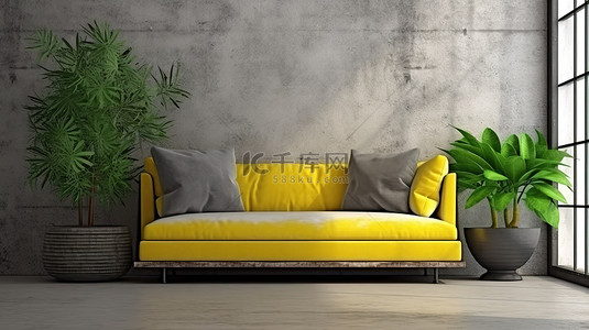 简约的工业墙，装饰着黄色沙发和绿色植物，位于抛光木镶木地板上 3D 渲染