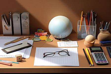 办公桌上放着笔计算器尺子和笔记本的办公用品
