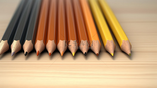 3D 渲染的办公室和学校用品一排彩色铅笔