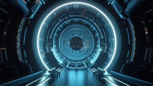 科技科幻数据蓝色背景图片_现代明亮的科幻小说背景上的圆形门户 3d 渲染