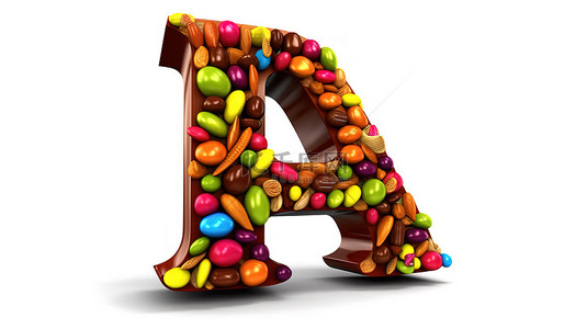 巧克力字母表中字母 a 形状的彩虹糖果片的 3d 插图