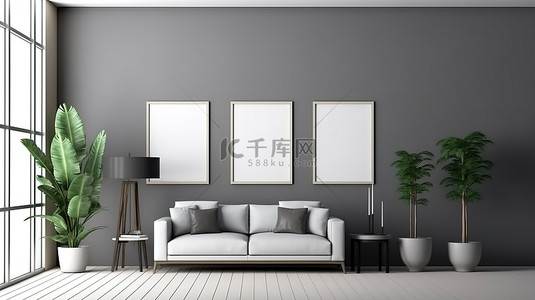 地面灯带背景图片_客厅的 3D 渲染采用简约设计，展示灰色墙壁和带相框的白色木地板
