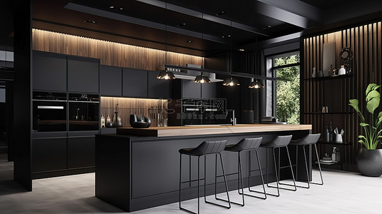 带木头的现代黑色厨房，精致的 3D 设计