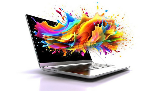 电脑icon背景图片_时尚笔记本电脑的 3D 渲染插图及其在纯白色背景上的显示