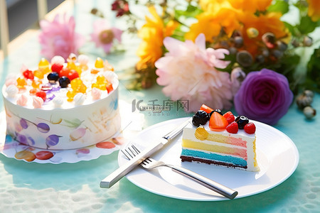 一个蛋糕，旁边有两个盘子，一把叉子和一把刀以及其他物品