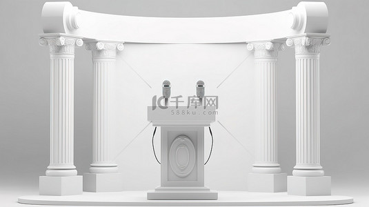 发布会发布会背景背景图片_带麦克风和扬声器讲台的白色三脚架的 3D 渲染