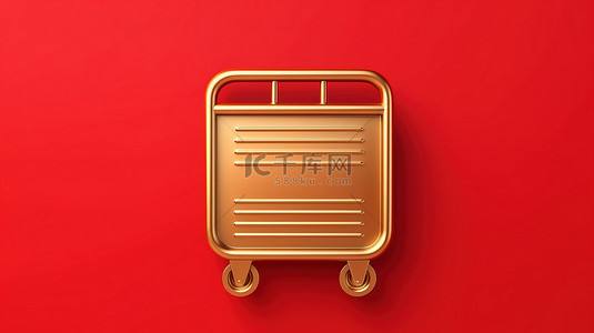 3D 渲染中红色和金色板社交媒体图标上行李车闪亮金色符号的图标