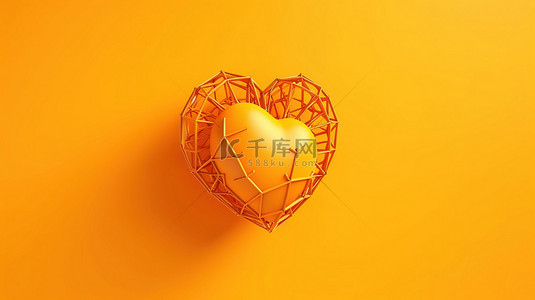 黄色背景上橙色简单心脏模型的 3D 渲染是象征医疗保健和医学的抽象物体