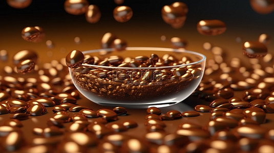 3D 渲染中的芳香杯 java 和漂浮的逼真咖啡豆