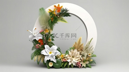 3D 渲染问候和邀请卡与花卉椭圆形框架植物和花卉