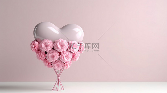 3d 渲染中带有粉红玫瑰的心形气球