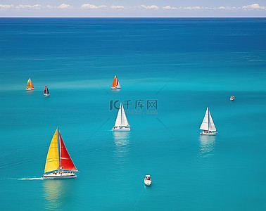 船中船背景图片_海洋中蓝色水面上航行的小帆船的照片