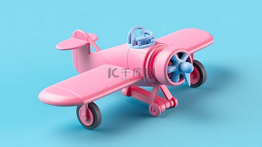 3D 渲染中蓝色背景的儿童粉色塑料双翼飞机玩具的模型双色调