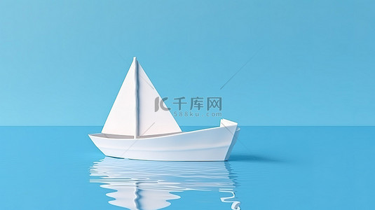 手波浪背景图片_海洋蓝色背景上的白船和蓝纸的 3D 渲染，用于海洋行业的内容营销