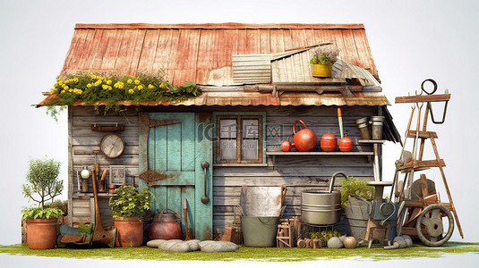 园艺工具背景图片_带园艺工具的老式住宅和花园 3D 渲染