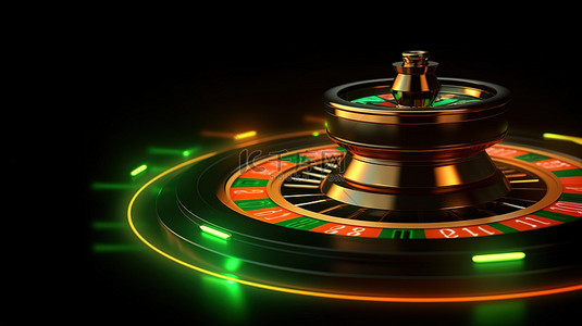 灯光牌背景图片_黑色背景与飞行金币一个逼真的 3D 轮盘赌轮，具有霓虹橙色和绿色灯光