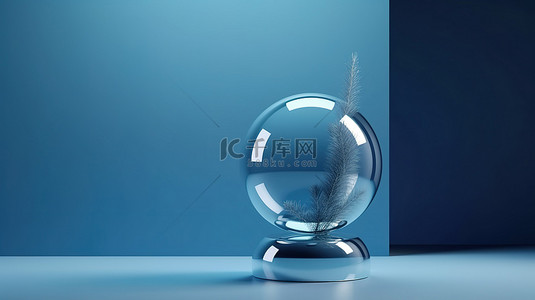 蓝色背景下白色底座上的玻璃圣诞球的简约豪华 3D 渲染