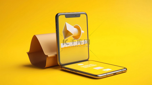 显示黄色信封和响铃图标通知时事通讯的手机以 3D 插图呈现