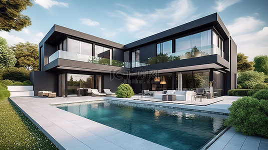 当代豪华住宅的 3D 可视化，拥有修剪整齐的草坪和迷人的泳池区