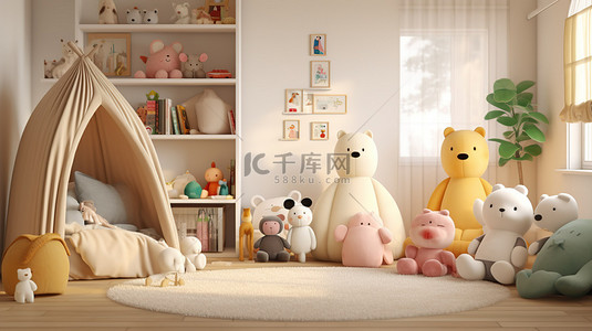 毛绒的玩具背景图片_儿童房的 3d 渲染，配有毛绒动物玩具和软糖枕头