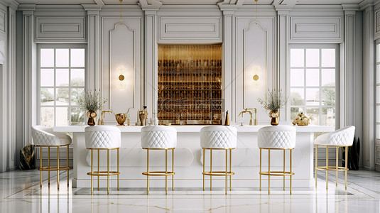 优雅的装饰艺术风格白色厨房，配有豪华吧台和椅子 3D 渲染