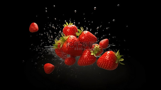 充满活力的草莓在令人惊叹的 3D 渲染中光滑的黑色背景上层叠