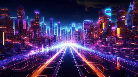 具有抽象背景的霓虹灯照亮的未来派大都市的 3D 插图
