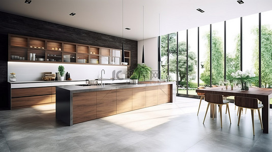 室内简约装饰背景图片_豪华的现代厨房配有简约的木质装饰，令人惊叹的全景和 3D 渲染