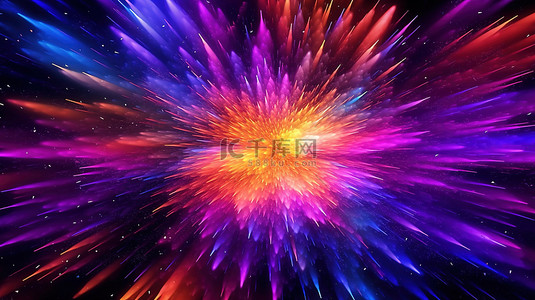 彩色扭曲宇宙抽象背景中宇宙星尘和霓虹灯爆炸的 3D 插图