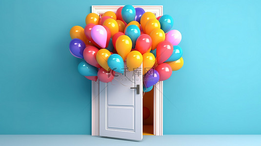 充满活力的气球盘旋在蓝色背景上紧闭的门后面令人惊叹的 3D 渲染