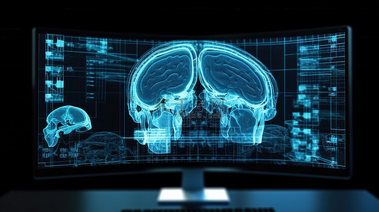 实验室器材背景图片_mri 实验室 3d 渲染计算机显示器显示大脑的 x 射线
