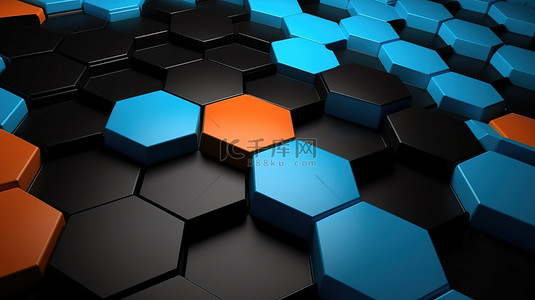 以黑蓝色和橙色为背景的六边形的现代 3D 插图
