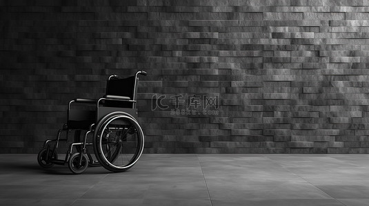 的轮椅背景图片_3D 可视化中，无人使用的轮椅站在黑色瓷砖墙前
