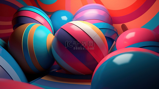 巨型条纹球体和多彩多姿的形式抽象艺术品3D模型