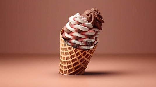 脆皮华夫饼锥体中软巧克力冰淇淋的 3D 插图