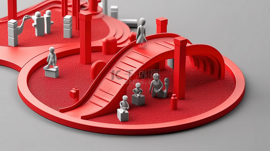 红色游乐场背景图片_儿童 3d 渲染的红色单色等距游乐场桥