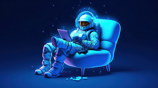 卡通夜空背景图片_太空探险家在蓝色夜空的 3D 插图中使用笔记本电脑在沙发上放松