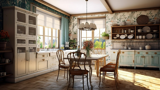 优雅的复古厨房和用餐区，具有豪华的触感 3D 渲染图像