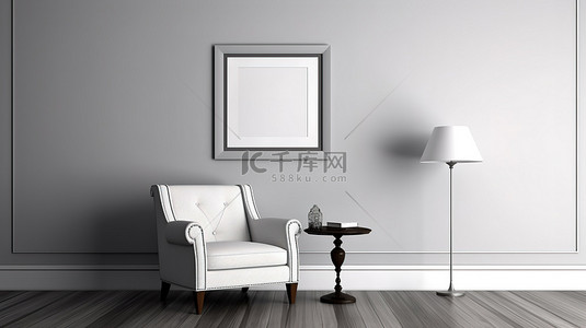 灰色和白色房间内的豪华扶手椅和边桌以简约装饰为特色，配有木地板 3D 渲染
