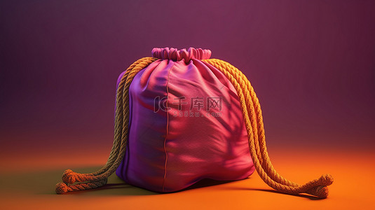 充满活力的背景数字 3D 渲染上带绳子的微型多彩多姿的储物袋