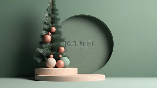 金色展台背景背景图片_简约的圣诞节场景，带有 3D 树木和 3D 渲染的讲台平台