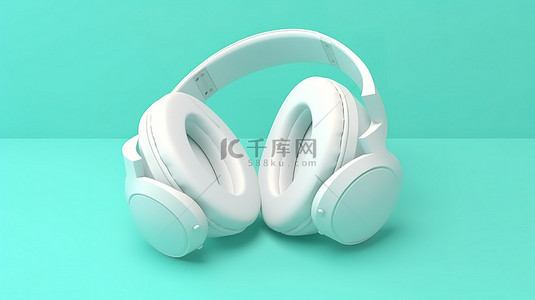 蓝牙耳机花瓣网背景图片_3D 渲染中带有白色耳机的绿松石背景