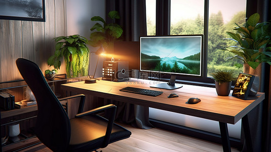 现代家庭办公桌，配有 3D 渲染台式电脑