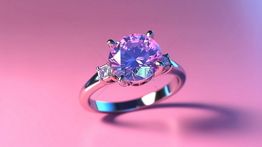 带有蓝色圆形钻石戒指的粉红色表面的 3D 渲染